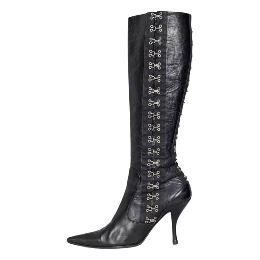 Dolce & Gabbana Knee High Stiletto Boots Black Leather Very good condition - Front View