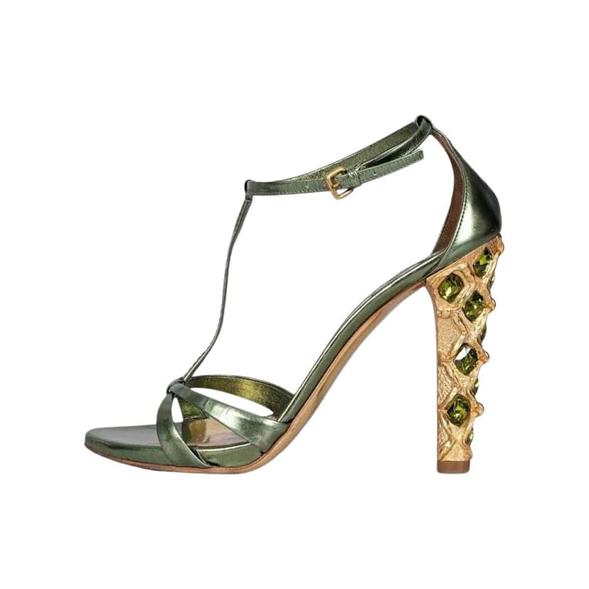 Miu Miu Block Heel Sandals Green Leather Very good condition - Front View