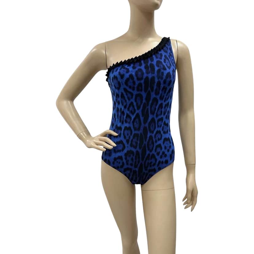Roberto Cavalli One Shoulder Animal Print Swimsuit Black Cotton Very good condition - Front View