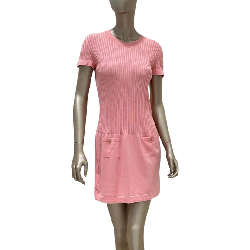 Chanel Magenta Ribbed Dress Gold Cotton Very good condition - Front View