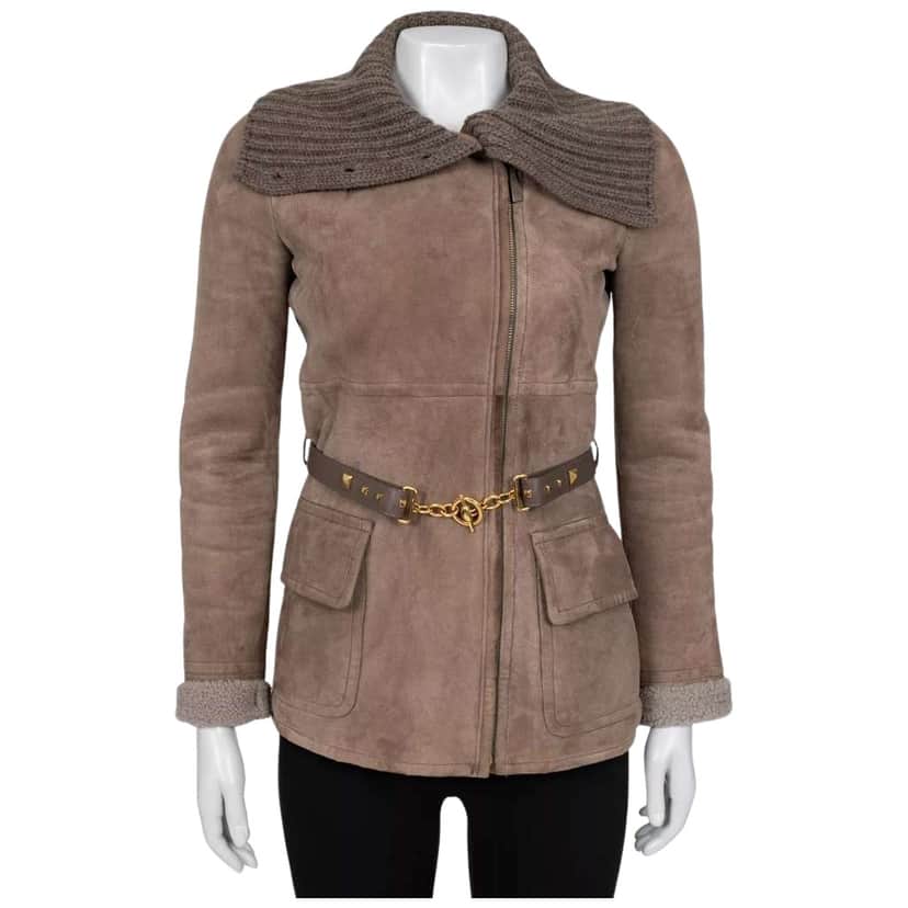 Gucci Collar Belted Jacket Brown Leather Very good condition - Front View