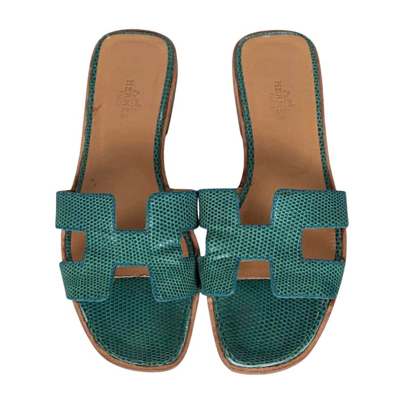 Hermès Oran Lizard Sandals Green Leather Very good condition - Front View
