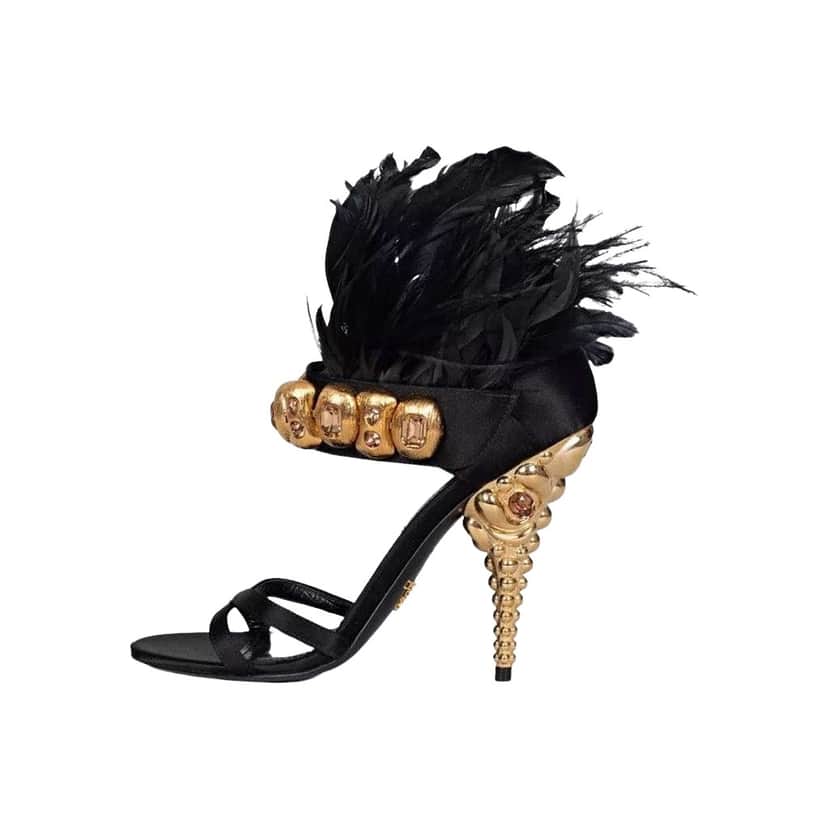 Prada Feather Trim Embellished Sandals Black Leather Very good condition - Front View