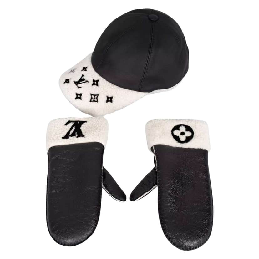 Louis Vuitton Lambskin Cap and Glove Set Black Leather Very good condition - Front View
