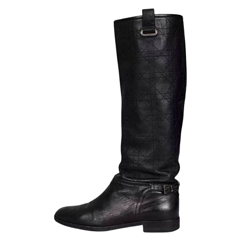 Dior Christian Quilted Flat Boots Black Leather Very good condition - Front View