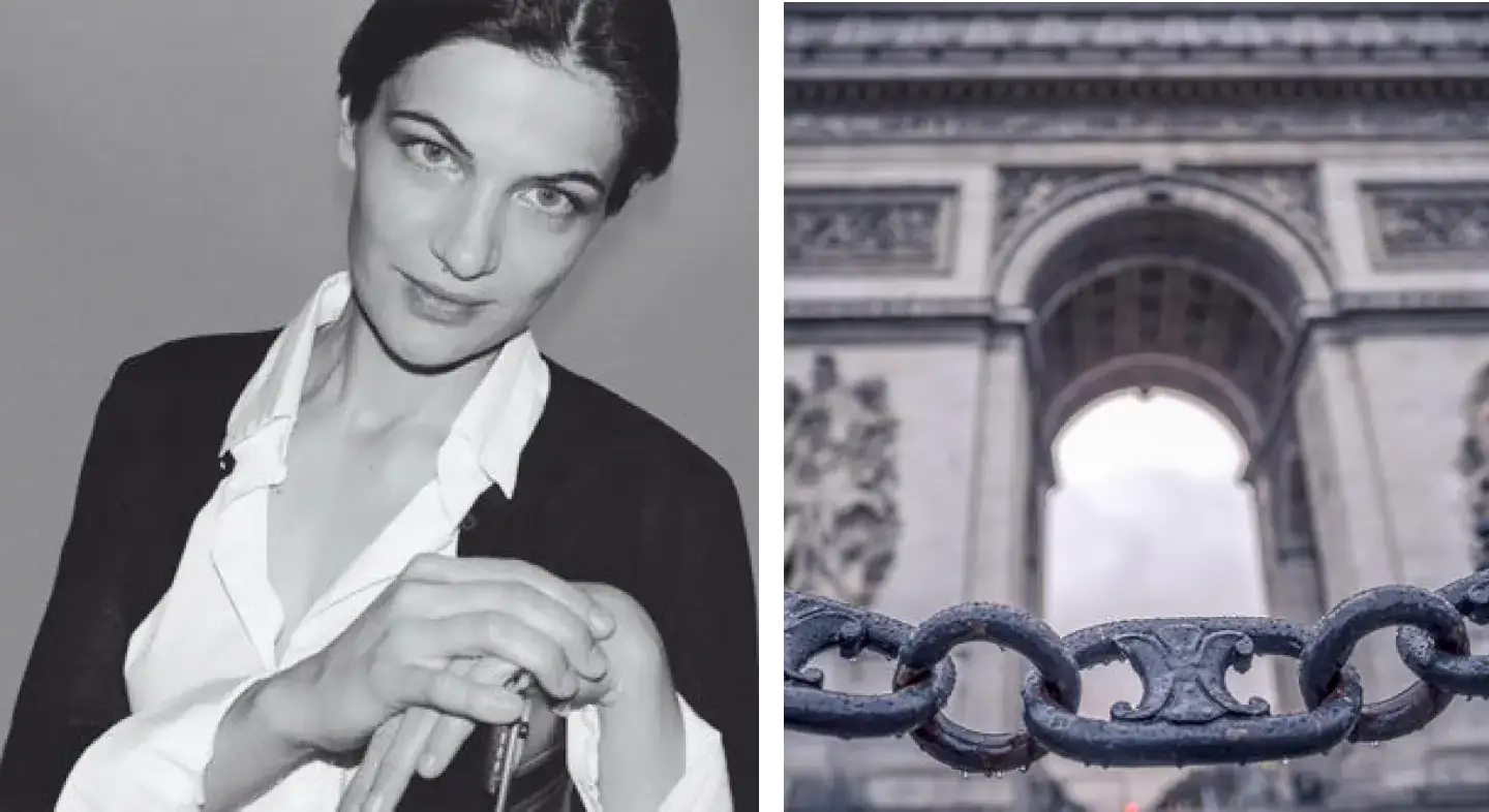 On the left, co-founder of the brand Céline Vipiana, and on the right the Arc de Triomphe -- the monument inspiring the design of the Celine Triomphe bag.