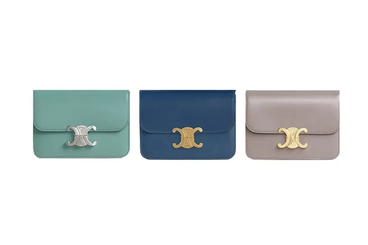 3 Celine Teen Triomphe handbags in pastel green, navy blue and beige, respectively.