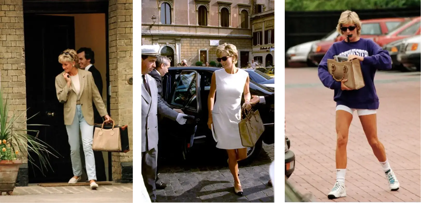 Princess Diana on a casual outing sporting the Gucci Diana bag (left); Princess Diana wearing a white dress, her favorite Gucci Diana bag, and heading to a meeting (center); Princess Diana's royally-approved sportswear is all about this Gucci Diana bag (right).