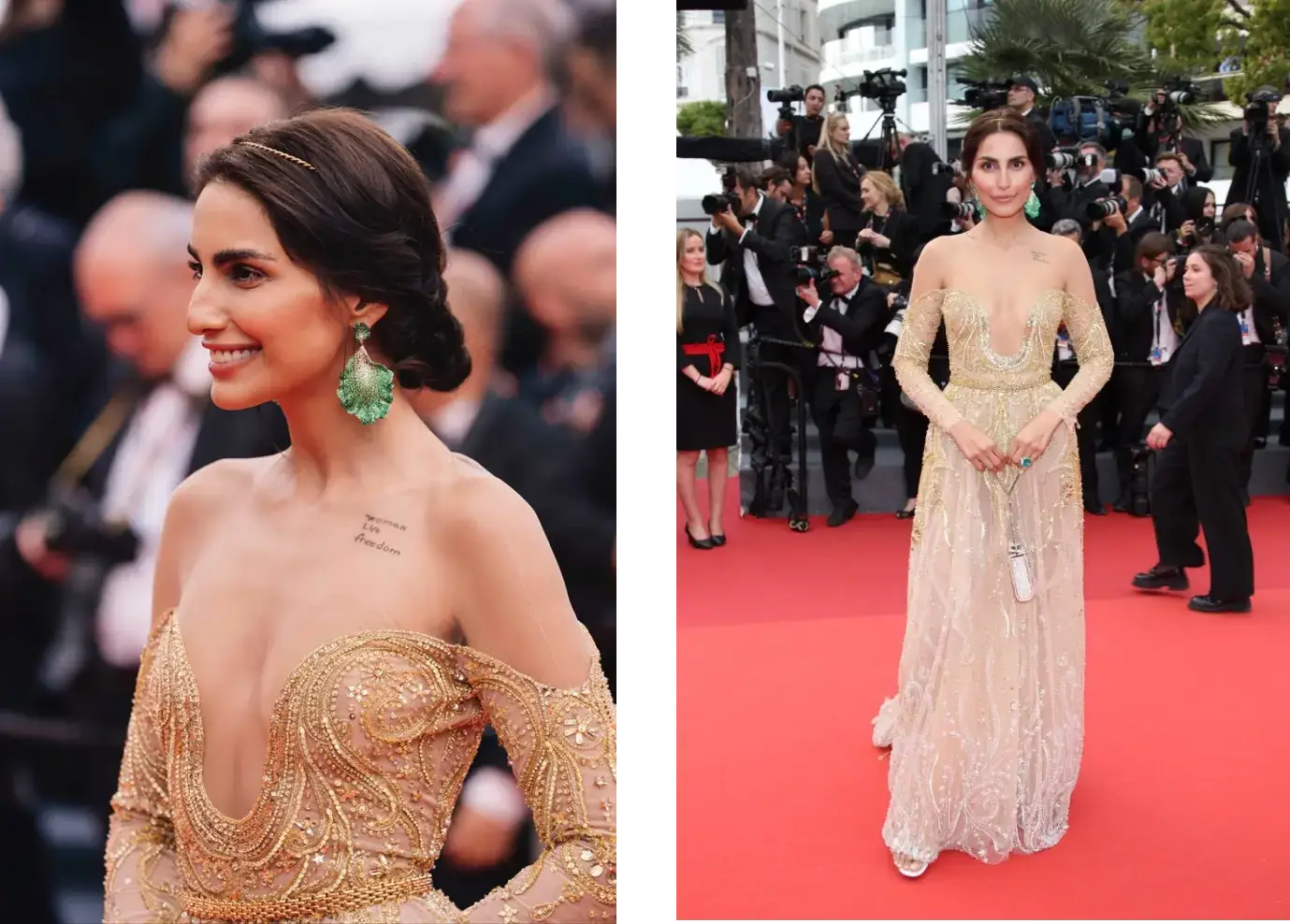 Farnoush Hamidian, dressed by Georges Hobeika, attends the 76th annual Cannes film festival.