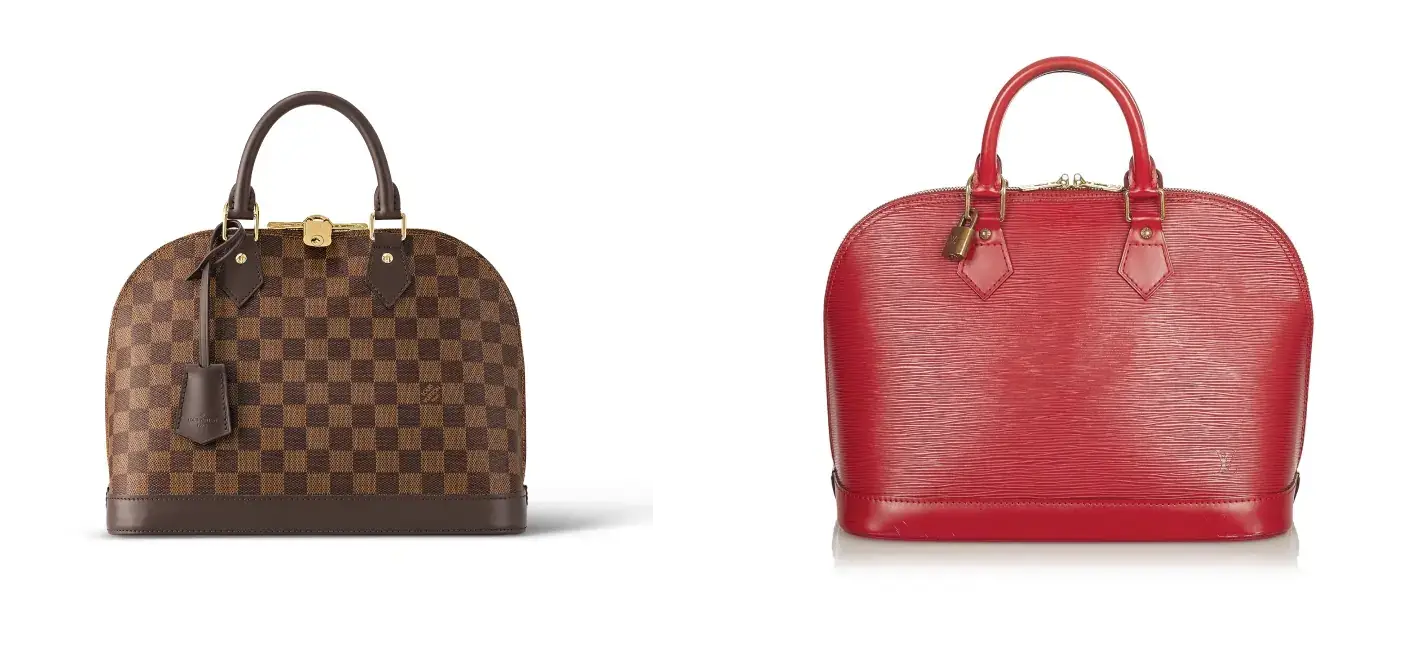 2 Louis Vuitton Alma bags. The one on the left is characterized by the brand's famous checkerboard pattern and is smaller in size, while one on the right is red and larger.