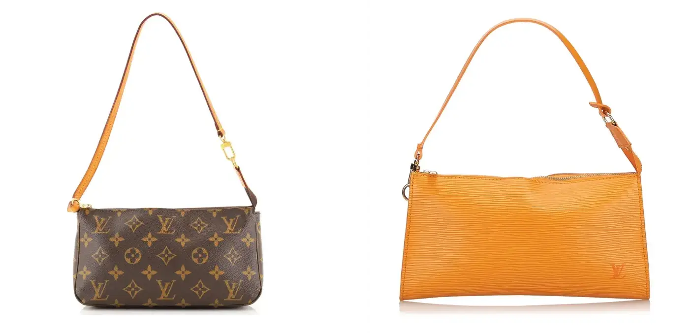 2 Louis Vuitton Pochette Accessoires. The one on the left is characterized by the brand's Monogram canvas and is smaller in size, while the one on the right is orange and larger.