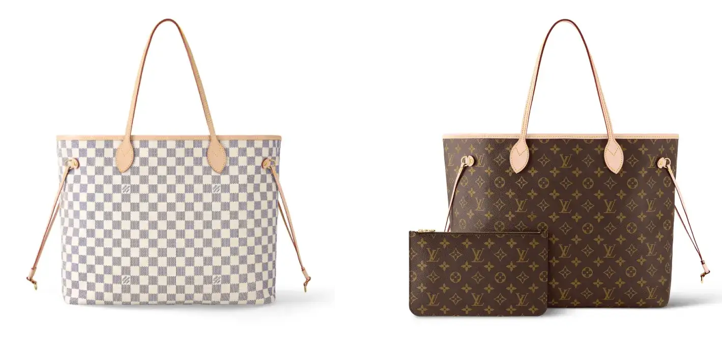 2 Louis Vuitton Neverfull bags. The one on the left is characterized by the checkerboard pattern, while the one on the right is illustrious for the brand's Monogram canvas.