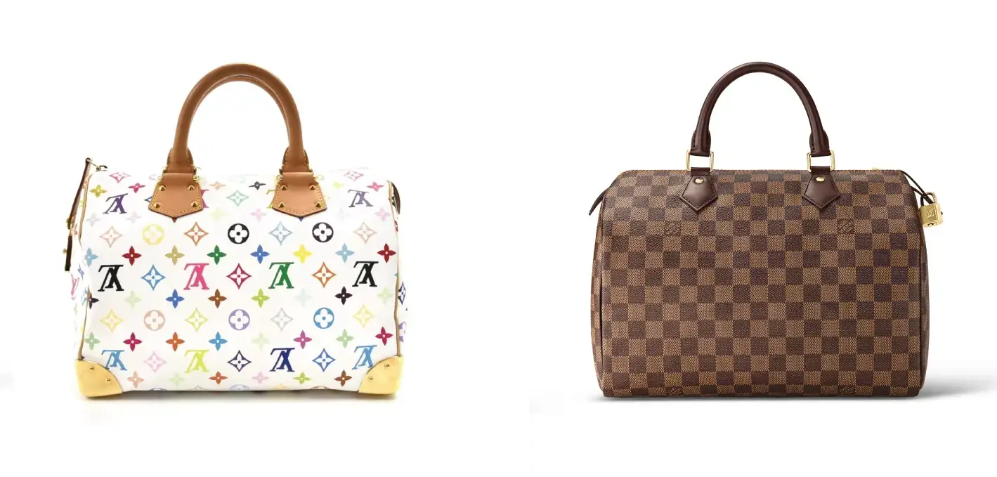 2 Louis Vuitton Speedy bags. The one on the left is characterized by a multicolor monogram, while the on the right wears the brand's renowned checkerboard pattern.