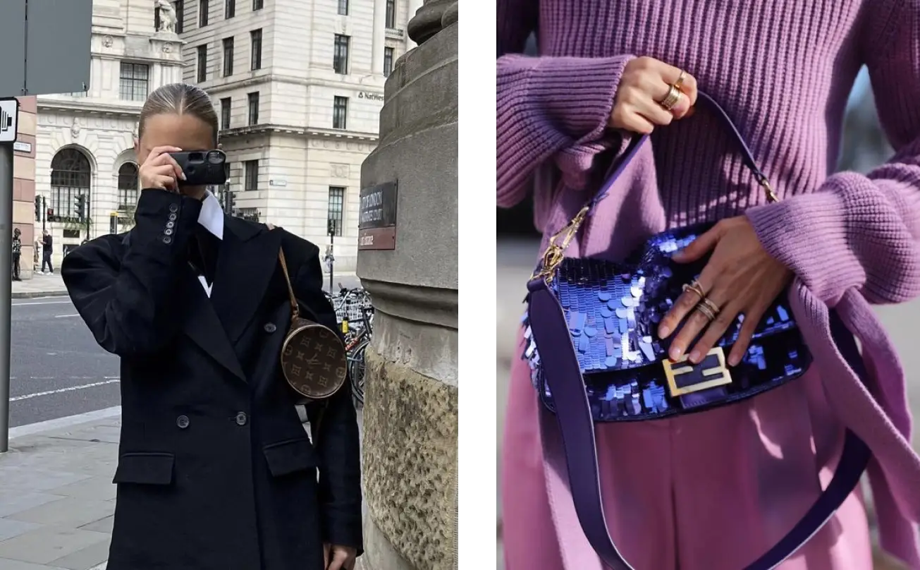 On the left a Louis Vuitton Vintage Monogram Papillon Bag and on the right a Fendi Purple Sequin Baguette