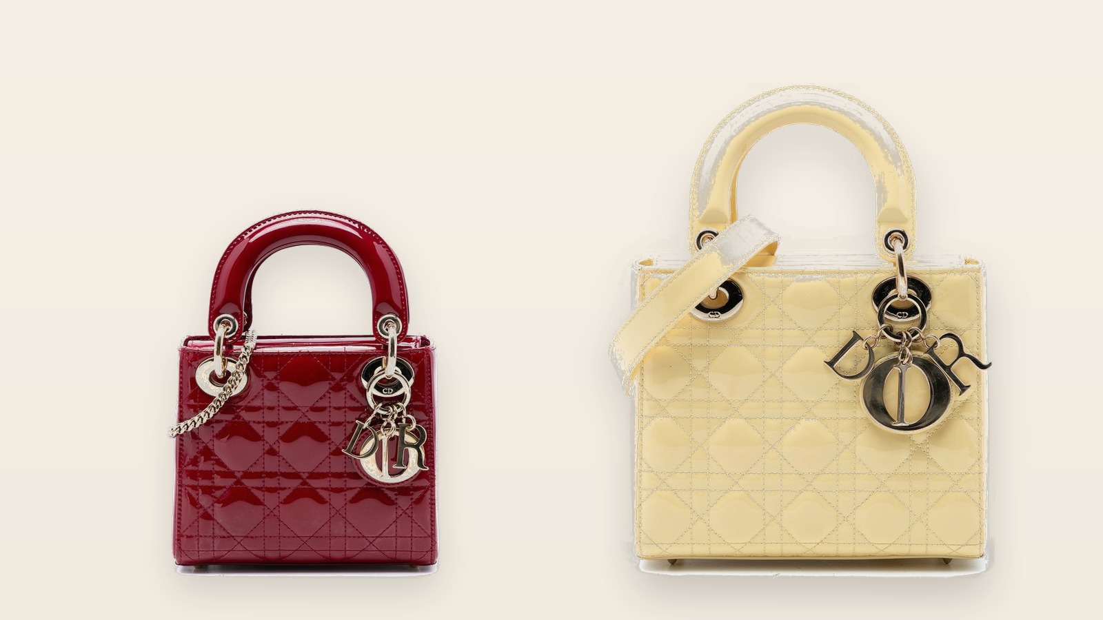 Lady Dior Mini in burgundy patent and Small in pastel yellow patent — size comparison