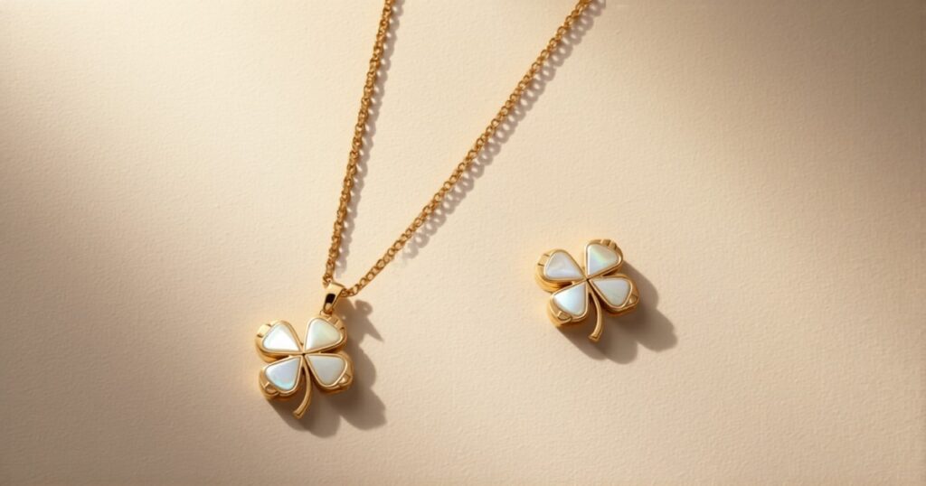 Van Cleef and Arpels Alhambra jewellery collection featuring gold and mother of pearl clover motif necklace and bracelet