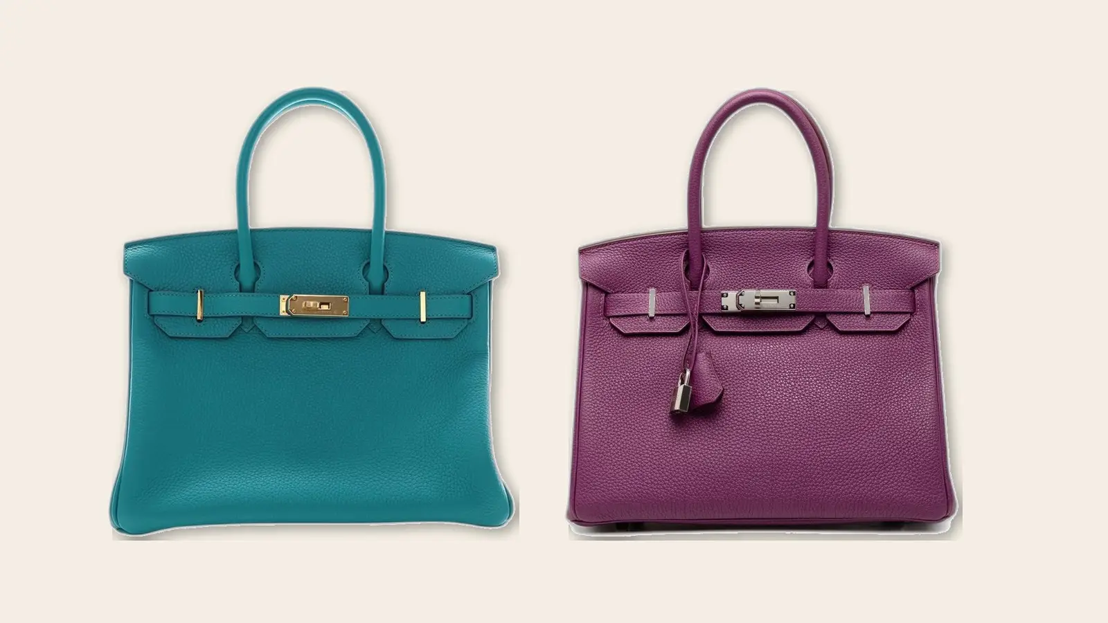 Two authenticated pre-owned Hermes Birkin bags in teal and purple Togo leather