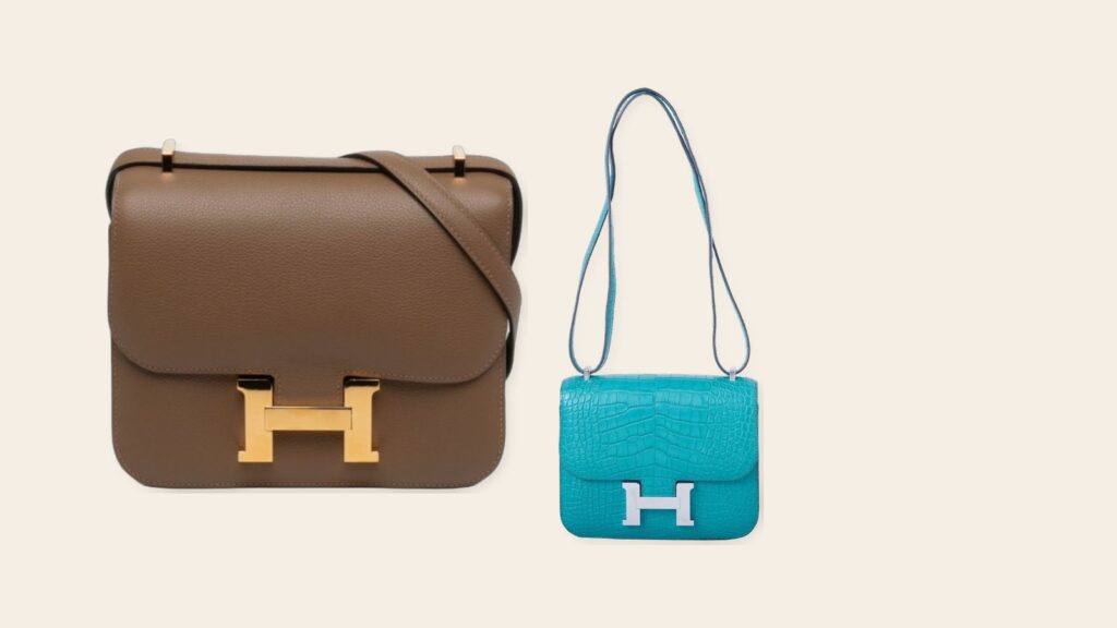 Two pre-owned Hermes Constance 18 bags, etoupe Chevre Mysore and turquoise matte alligator