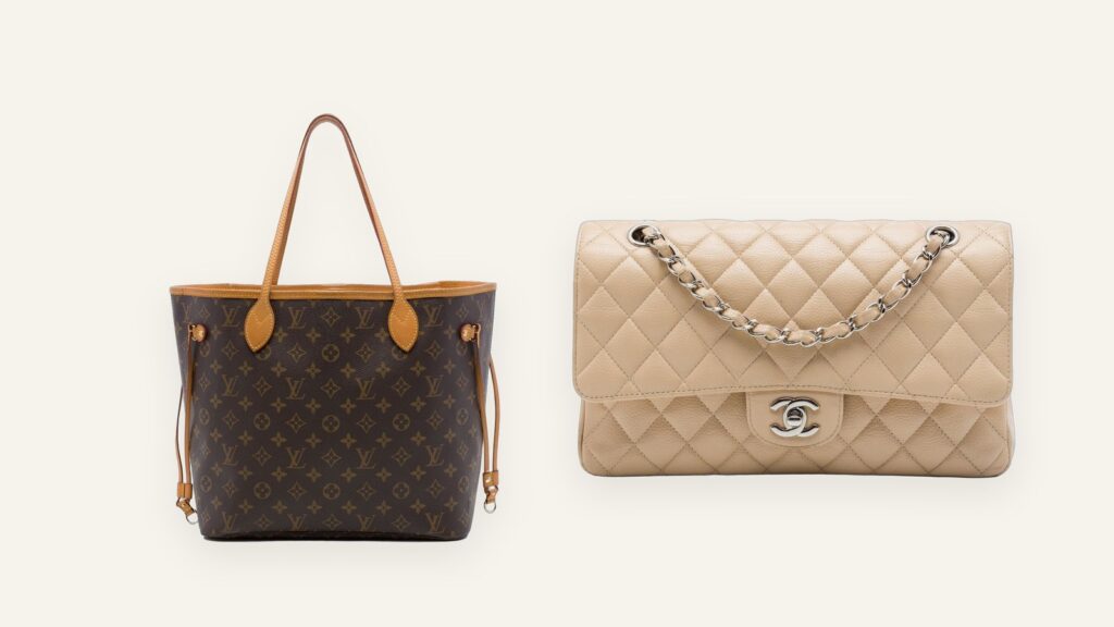 A pre-owned Louis Vuitton Monogram Neverfull MM and a beige Chanel caviar Classic Flap on a cream background
