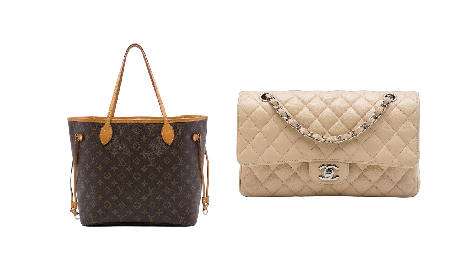 A pre-owned Louis Vuitton Monogram Neverfull MM and a beige Chanel caviar Classic Flap on a white background