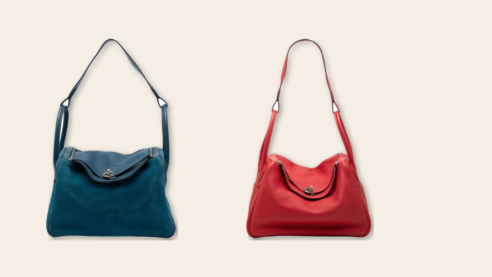Pre-owned Hermès Lindy 30 in blue Veau Grizzly suede and Swift and a red Clémence Lindy 34 on a cream background