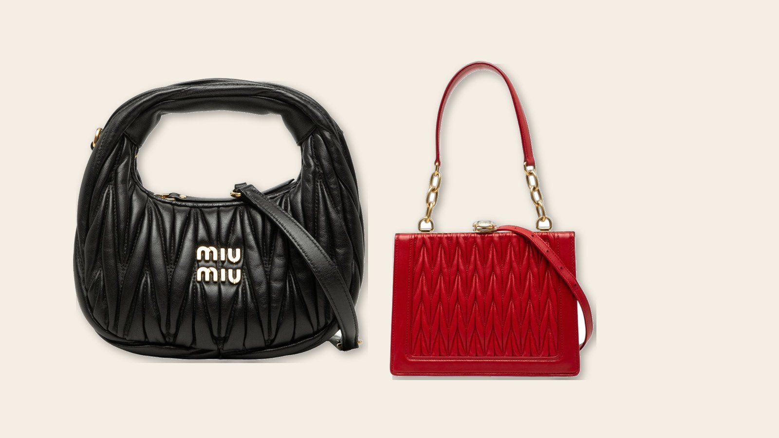 A black Miu Miu Wander hobo and a red Miu Miu Matelasse frame bag, both pre-owned, on a cream background